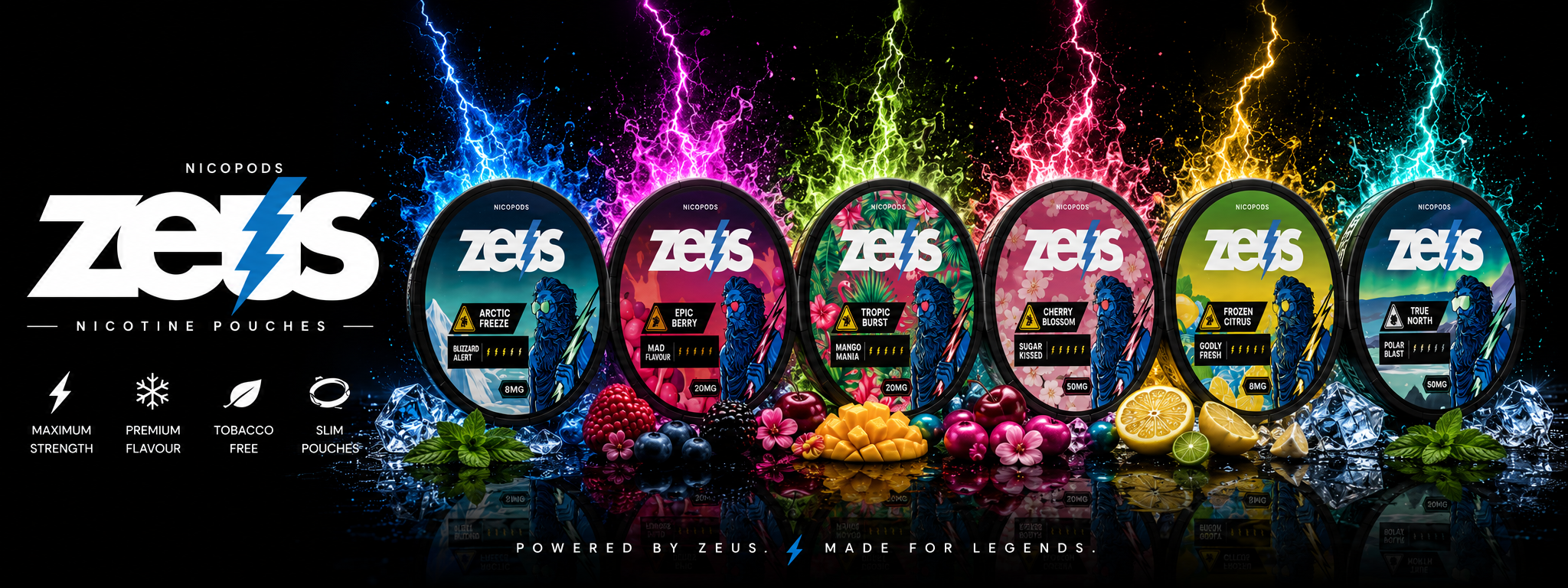 ZEUS nicotine pouches featuring Epic Berry, Arctic Freeze, Frozen Citrus, Tropic Burst and Mint Rage.