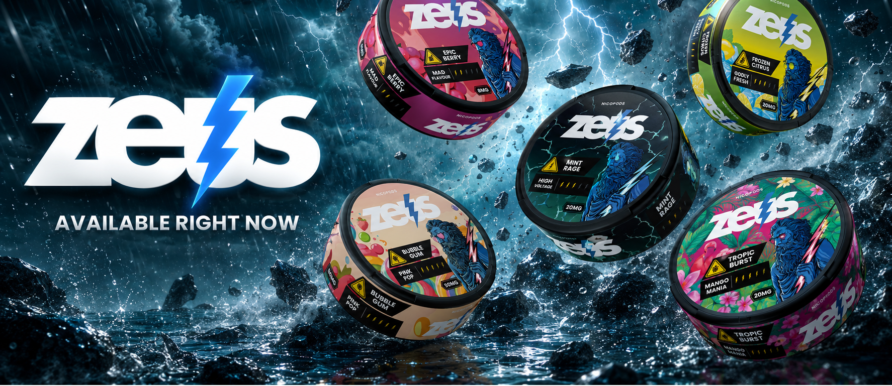 ZEUS nicotine pouches collection featuring Epic Berry, Arctic Freeze, Frozen Citrus, Tropic Burst and Mint Rage.