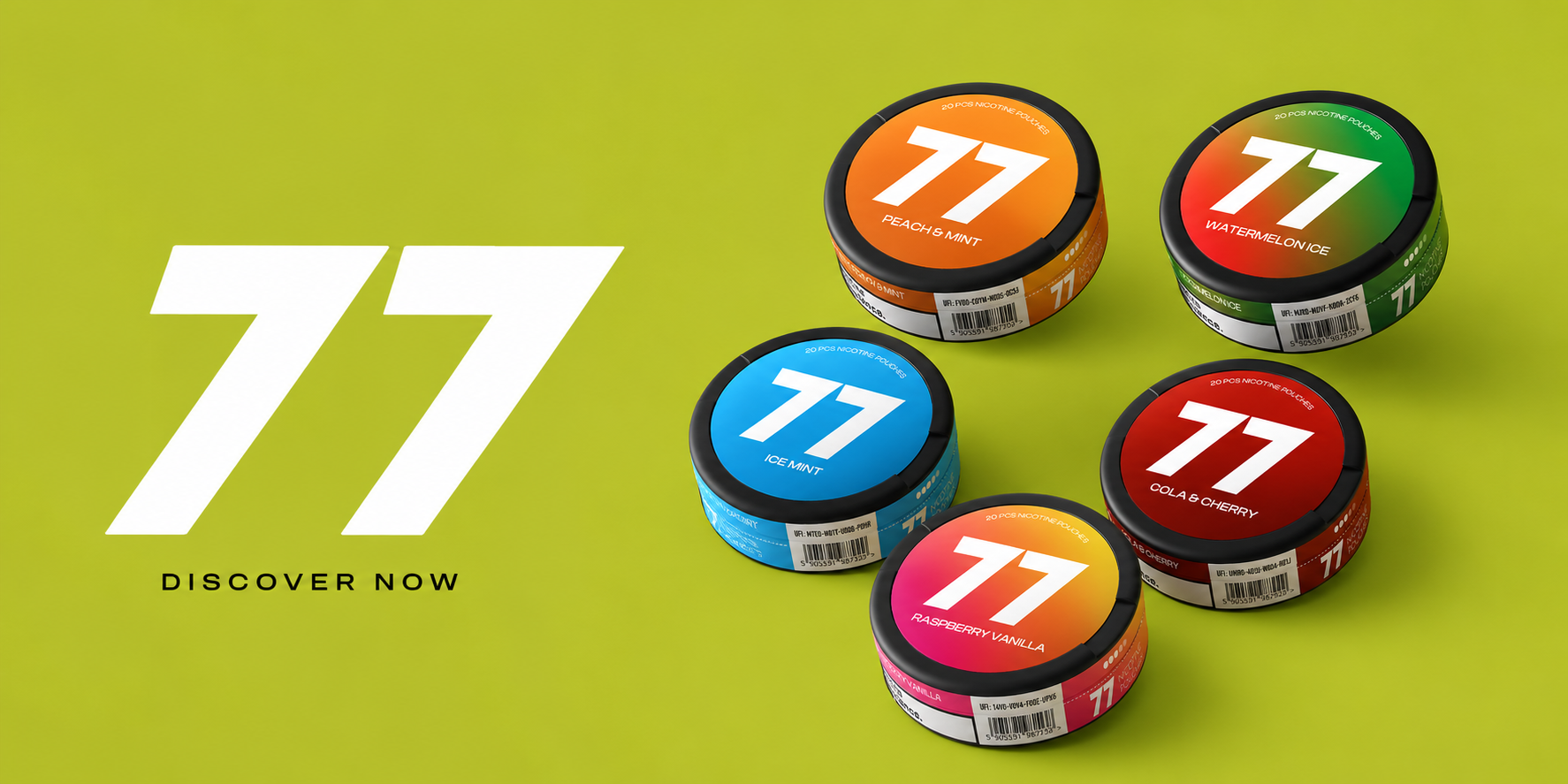 77 nicotine pouches featuring Peach & Mint, Ice Mint, Watermelon Ice, Cola & Cherry and Raspberry Vanilla